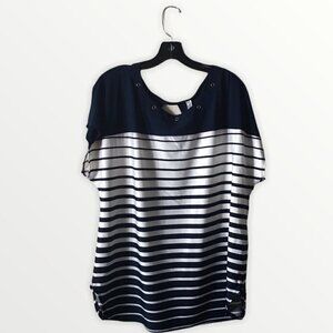 PerSeption Women White/Navy Cap Sleeve Blouse With Riveted Holes at Neckline